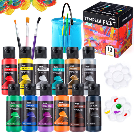 JOYIN 12-color tempera set with washable bottles for easy cleanup after crafts.