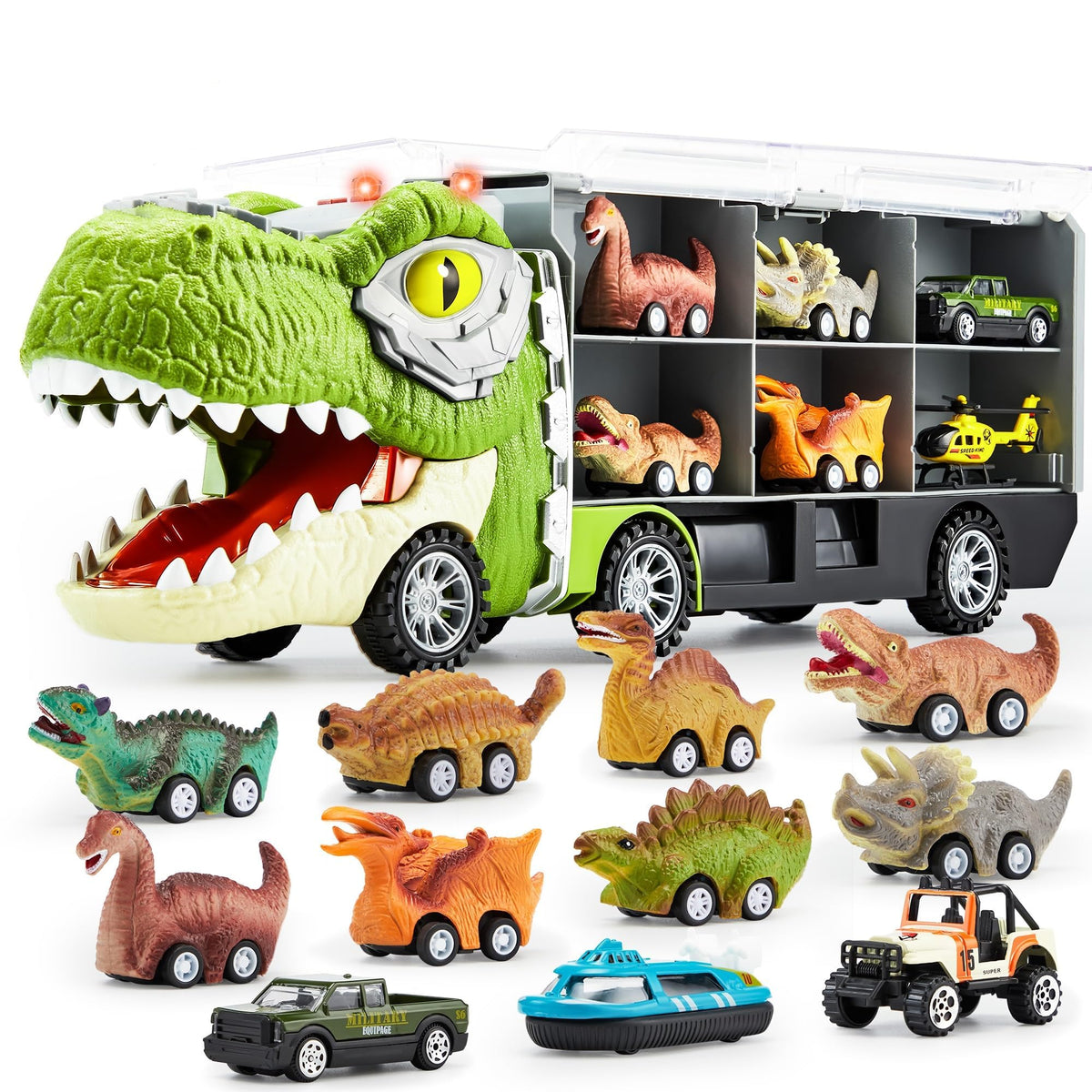 JOYIN 13-in-1 dinosaur truck with pull-back cars for imaginative play.