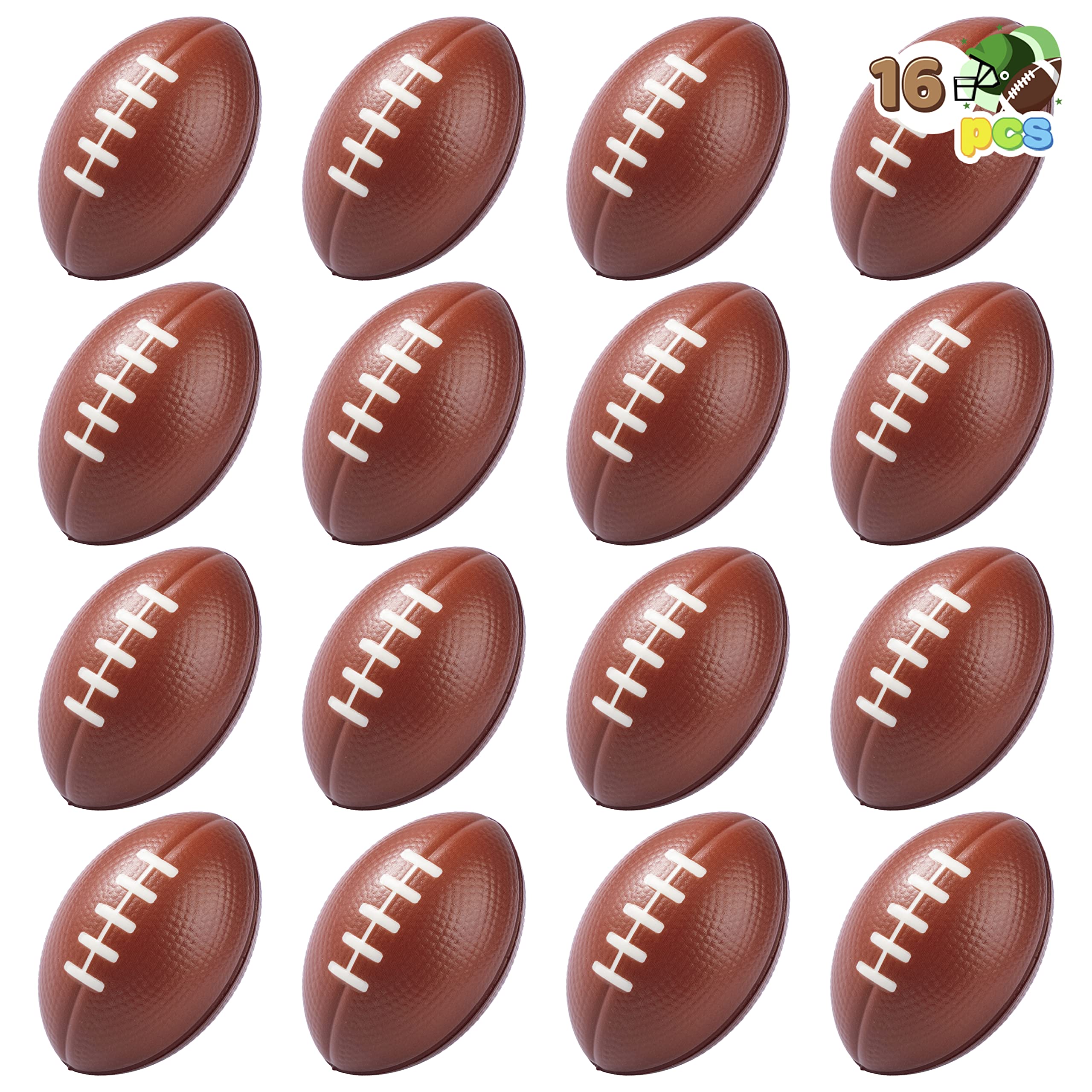 JOYIN 16-pack mini football foam stress balls for kids, ideal party favors and stress relief.