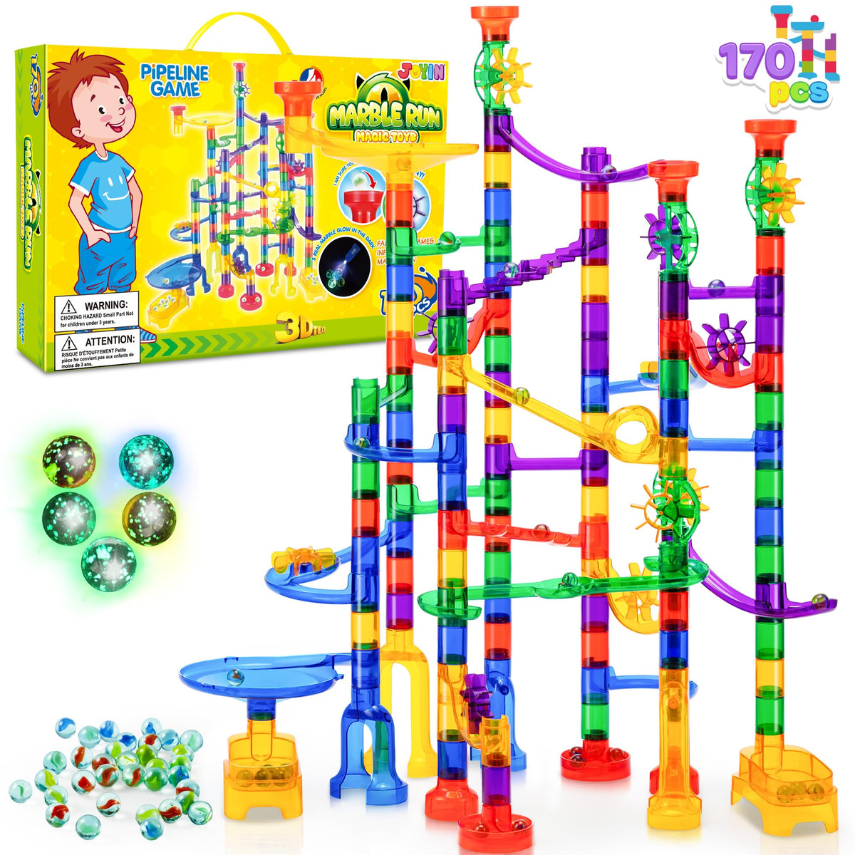 JOYIN 170pcs glowing marble run set with transparent tracks for immersive STEM play