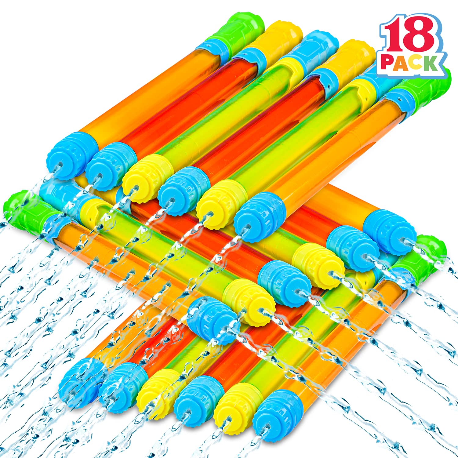 JOYIN 18-pack 16.5-inch water guns ready for sunny beach battles.
