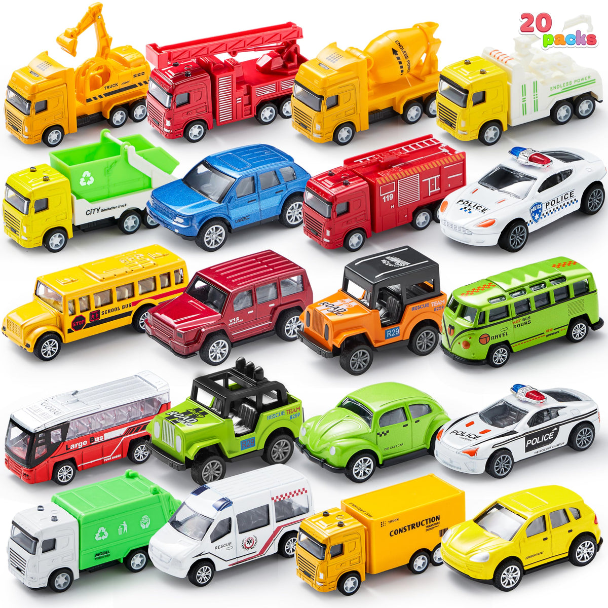 JOYIN 20-piece pull-back car set with varied designs for imaginative play