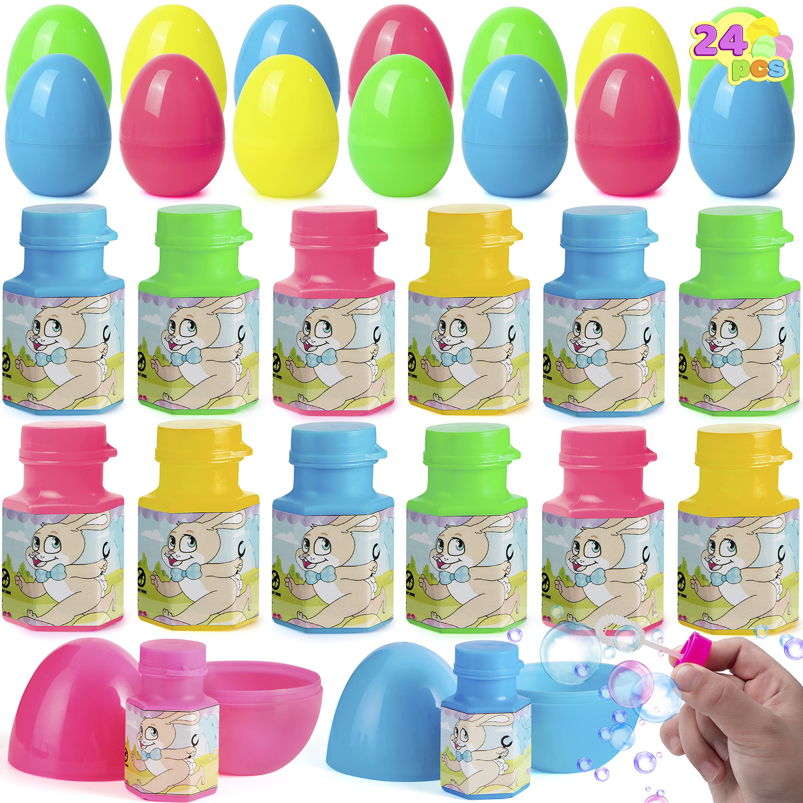 JOYIN 24-piece prefilled Easter eggs bubble wands inside, ideal for lively egg hunts.