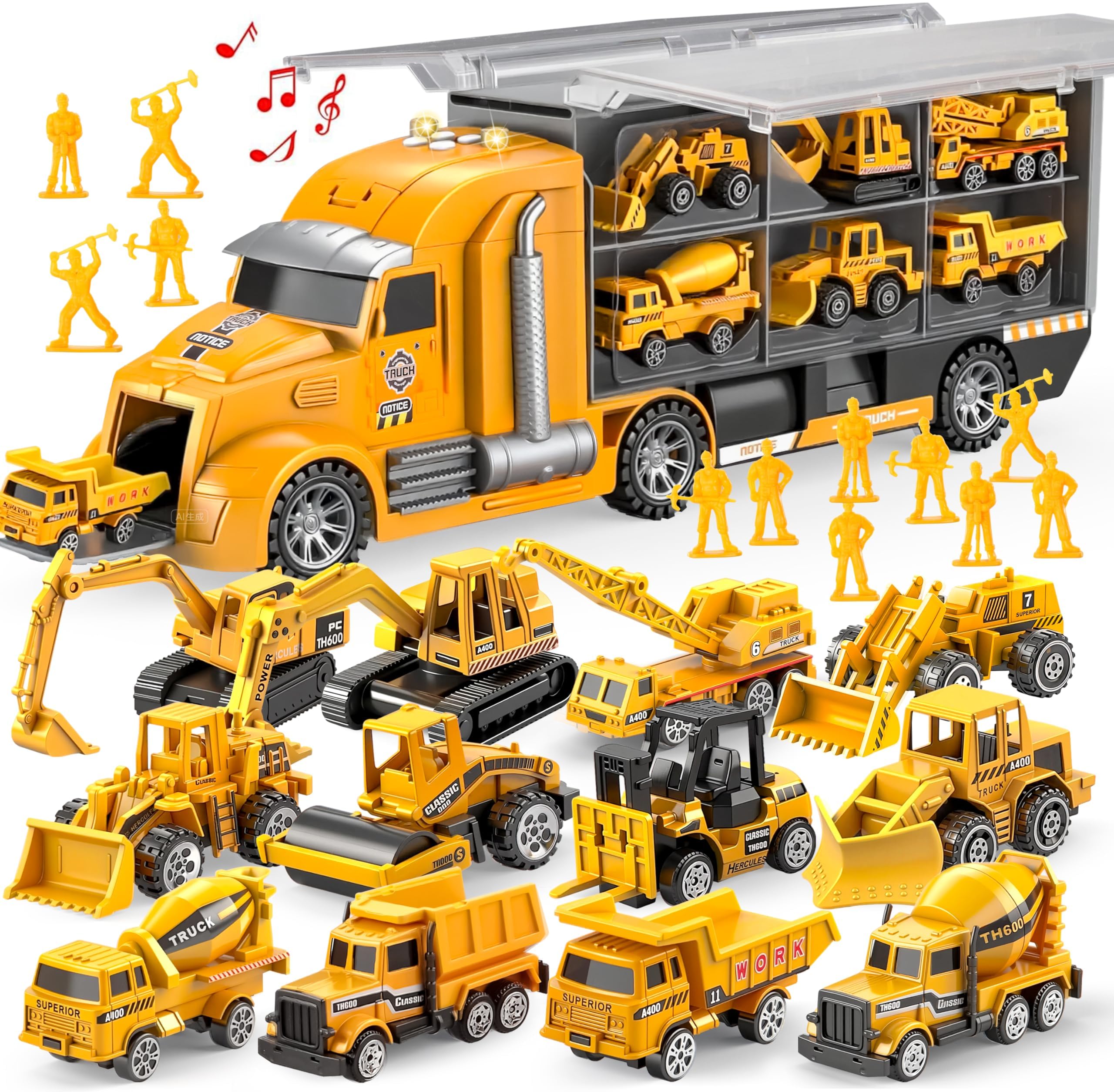 JOYIN 25-in-1 construction truck set carrier, vibrant crew piece reveals playful engineering fun.