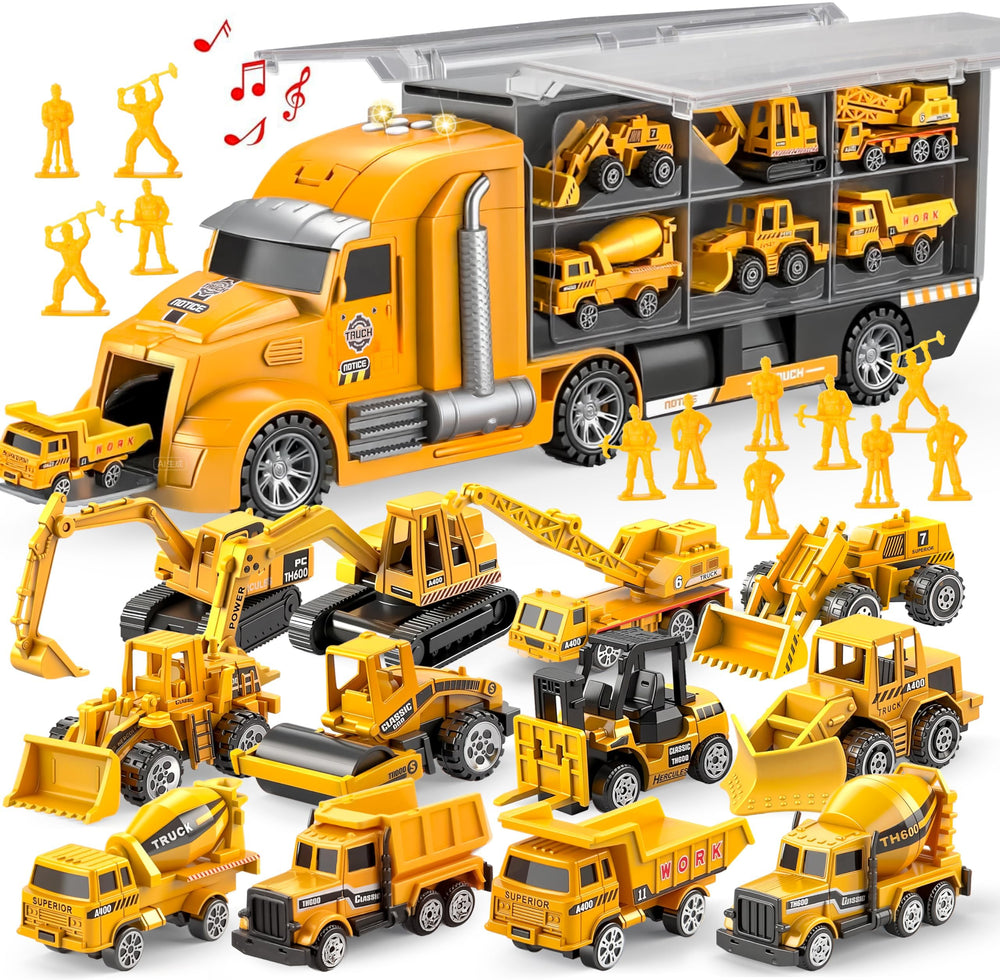 JOYIN 25-in-1 construction truck set carrier, vibrant crew piece reveals playful engineering fun.