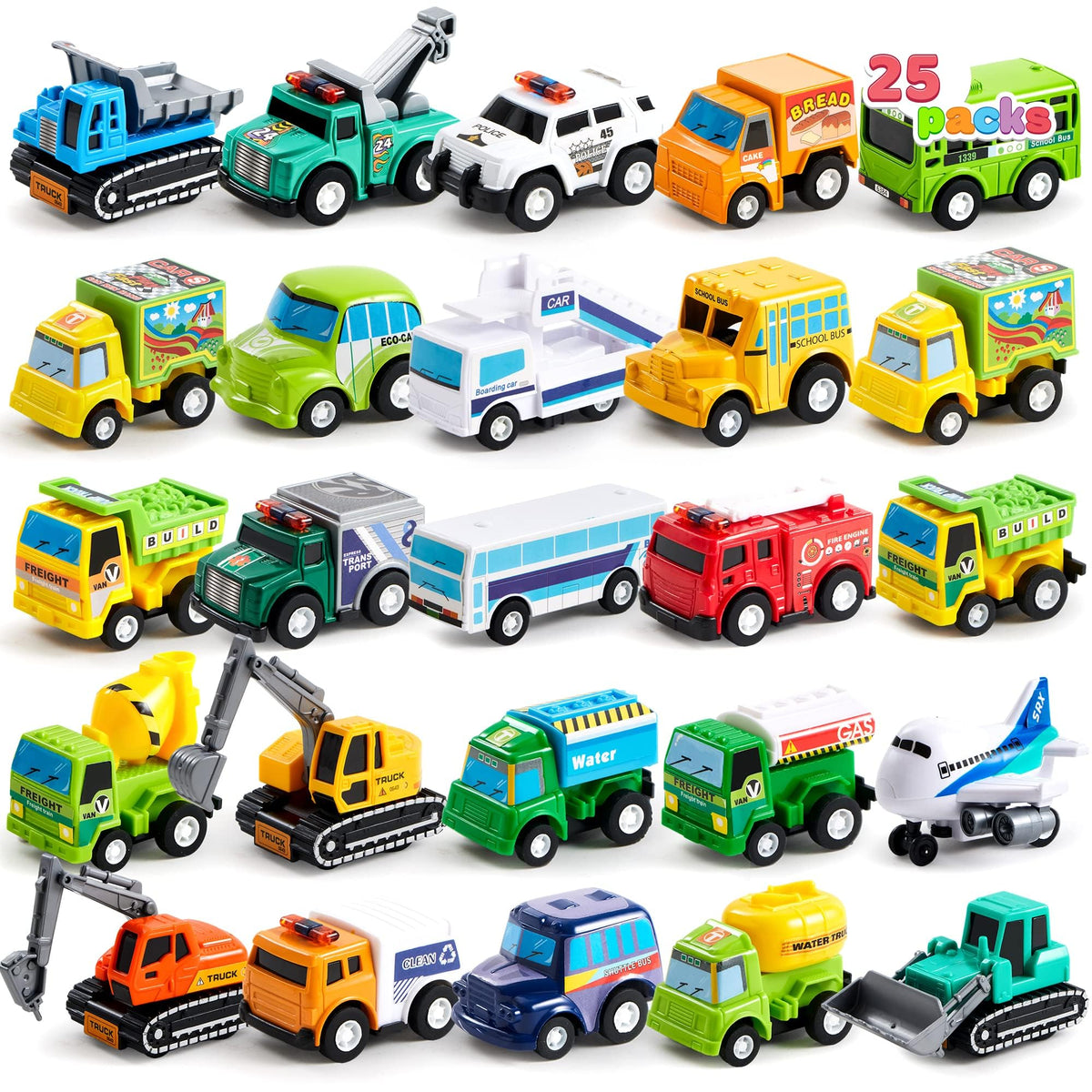 JOYIN 25-piece pull-back cars and trucks set for toddlers, durable safe play.