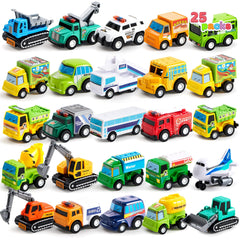 JOYIN 25-piece pull-back cars and trucks set for toddlers, durable safe play.