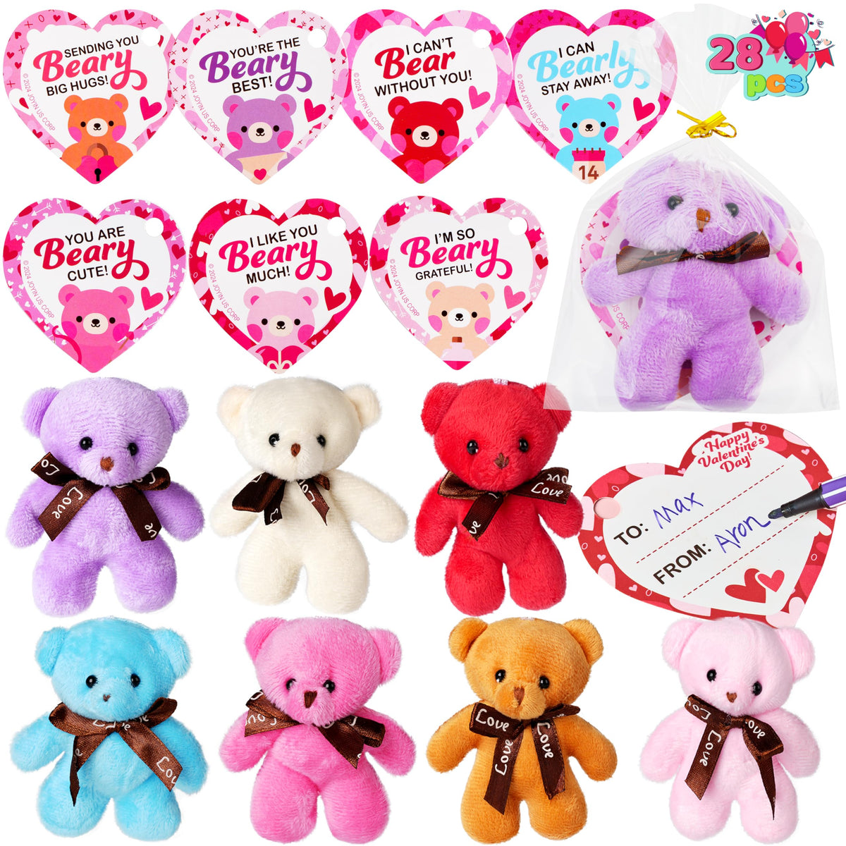 JOYIN 28-pack valentines plush with heart cards for classroom gifts.
