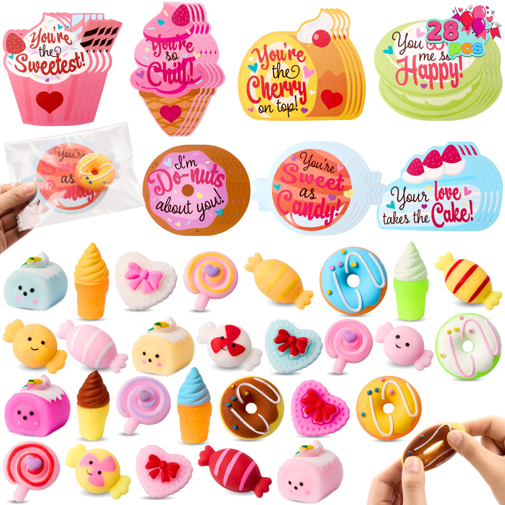 JOYIN 28-pack candy Mochi squishy toys for stress relief and classroom rewards.
