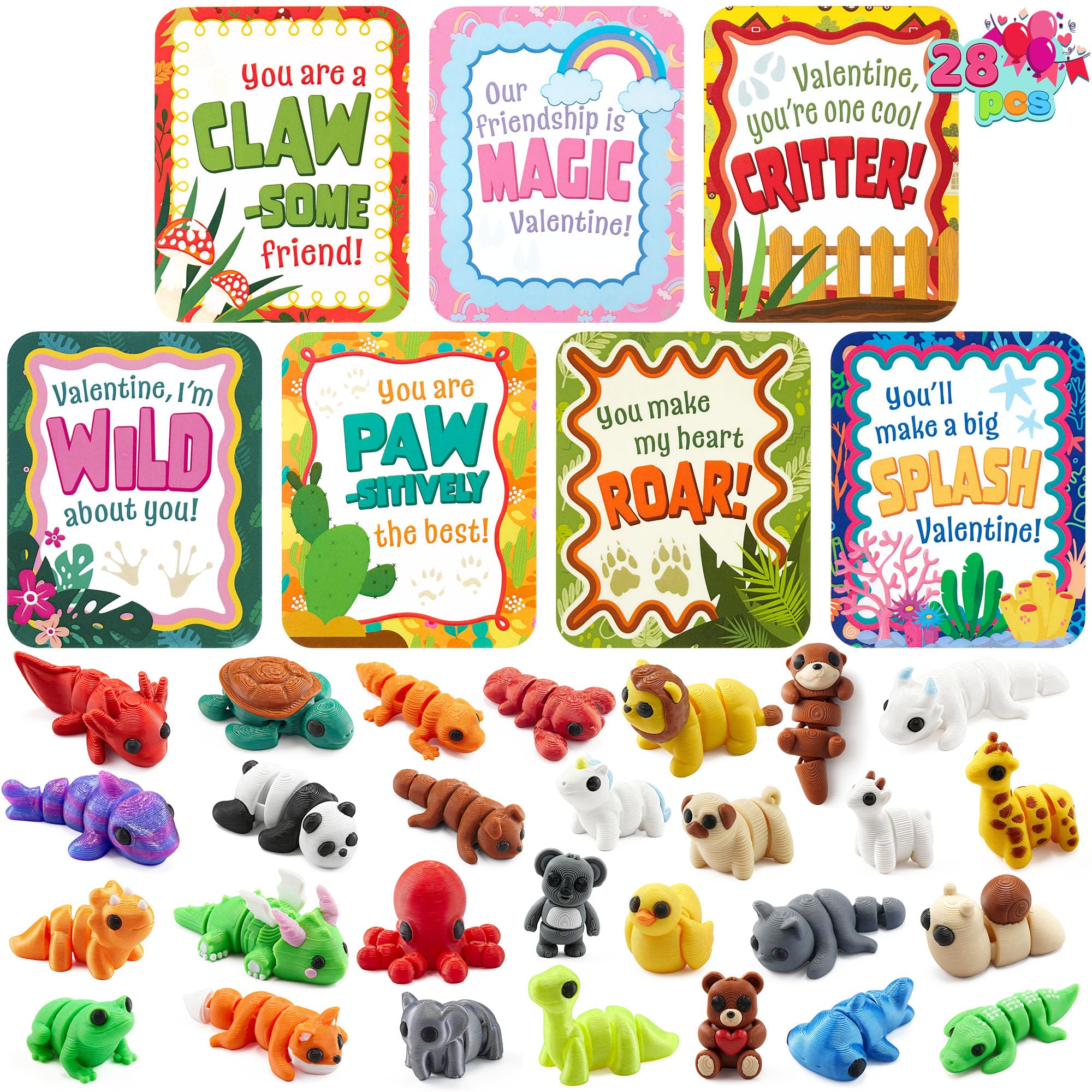 JOYIN 28-pcs mini animals with Valentine cards set for classroom gifting and inclusive sharing.