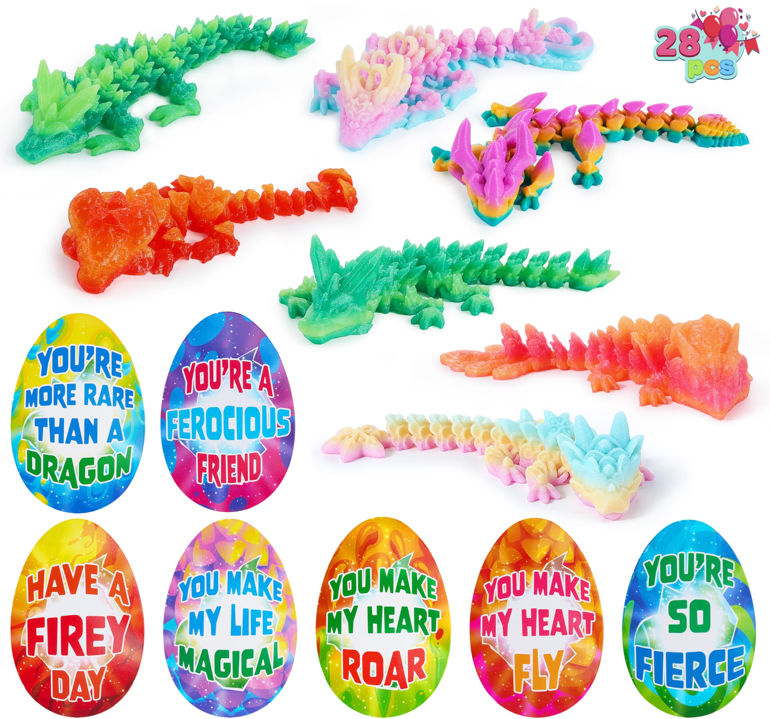 JOYIN 28pcs dragon collection: vibrant 3D-printed figures for classroom exchanges and party favors.