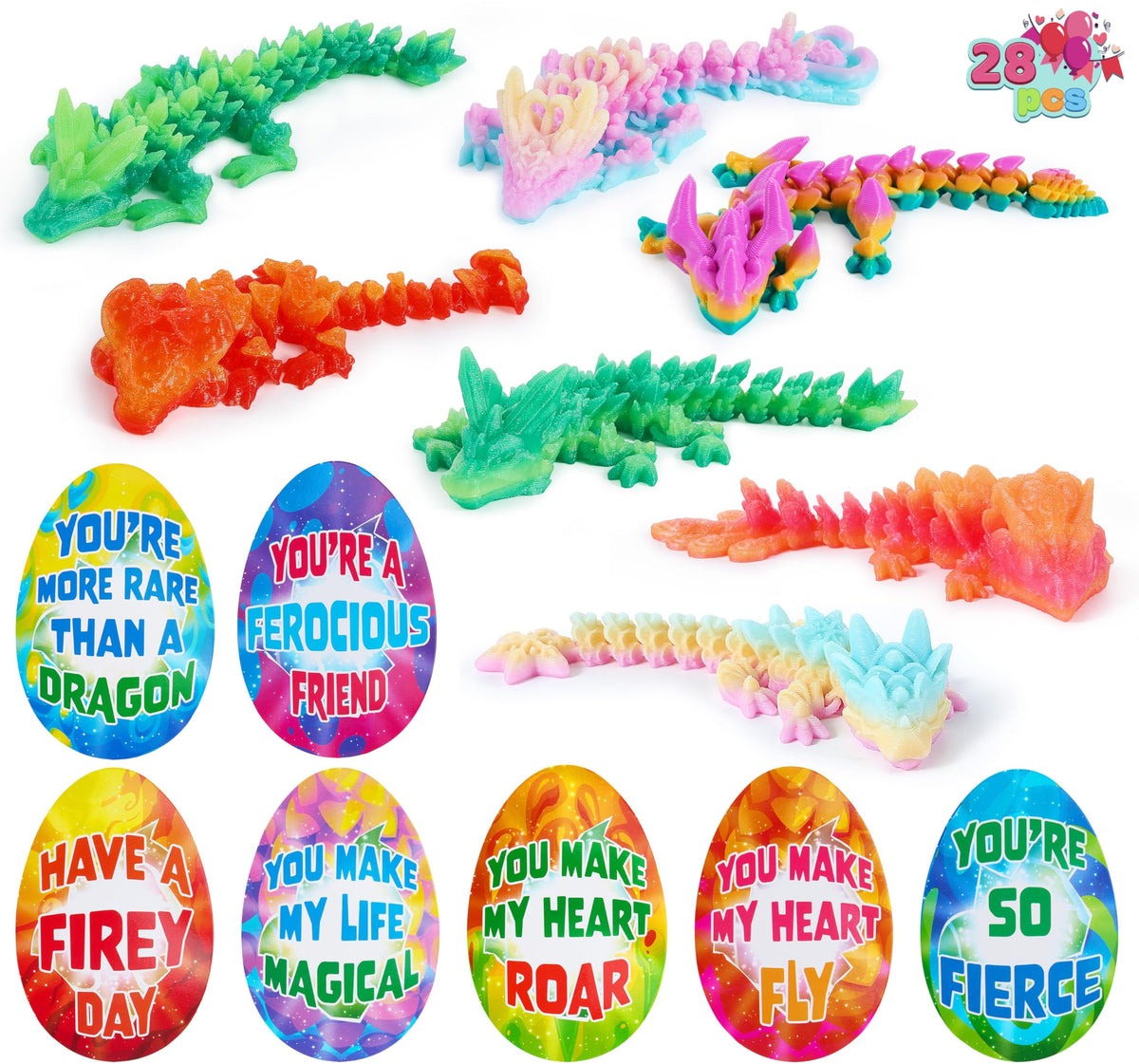 JOYIN 28pcs dragon collection: vibrant 3D-printed figures for classroom exchanges and party favors.