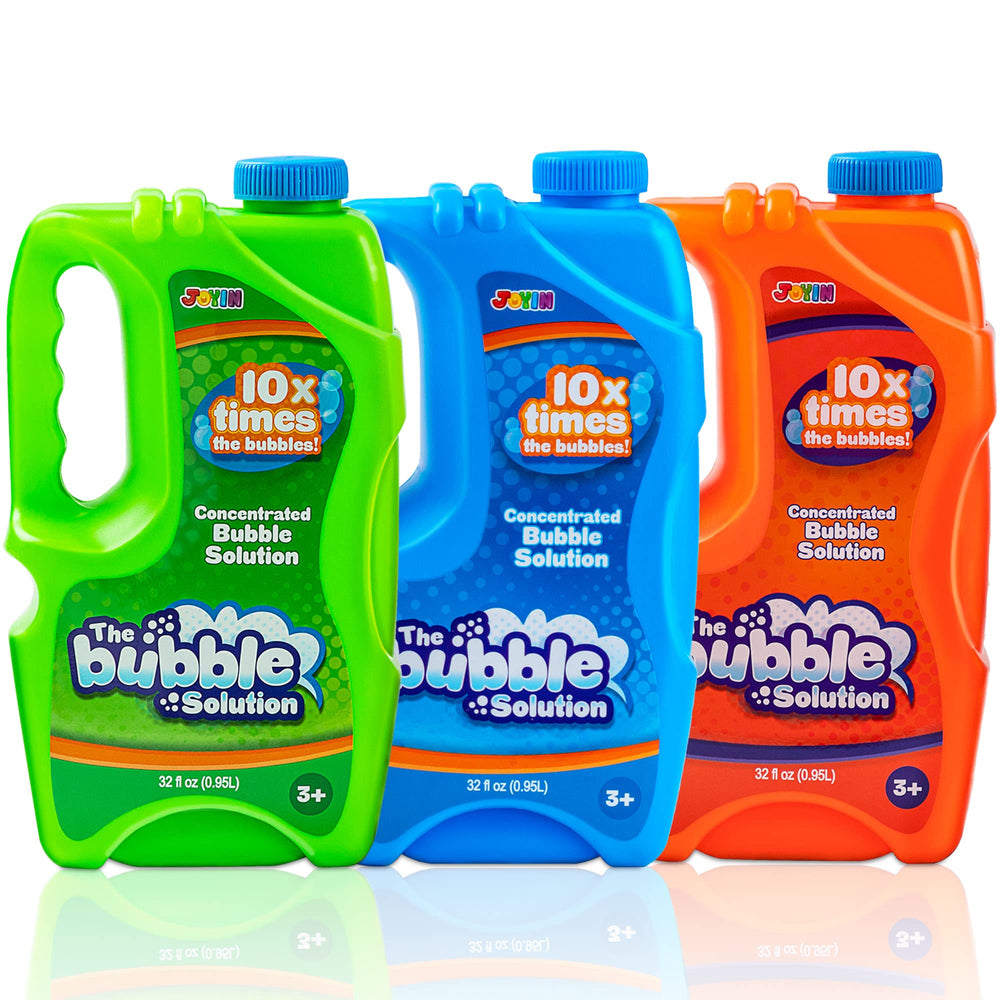 JOYIN three 32-ounce bubble solution bottles ready for continuous outdoor play