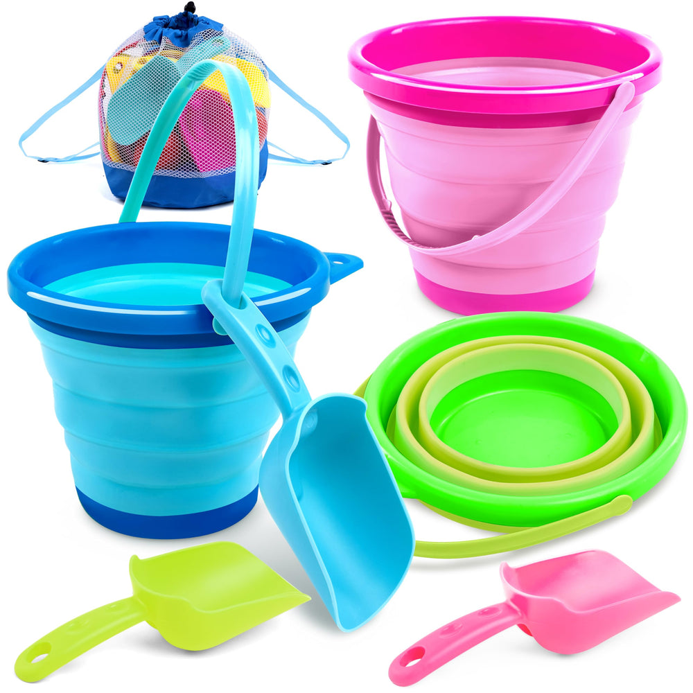 JOYIN foldable blue pail with shovel for quick beach play and compact storage