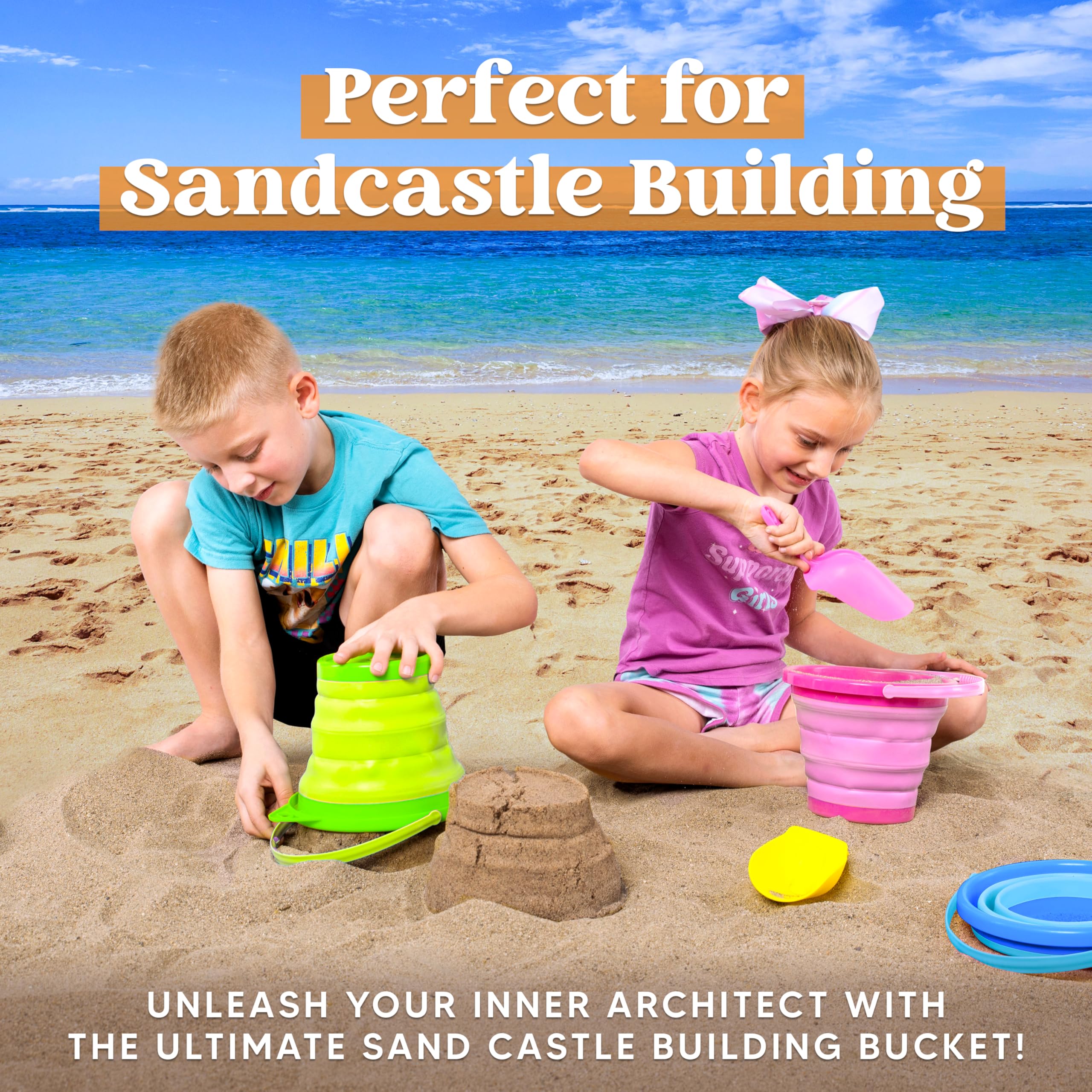 JOYIN foldable pink pail with shovel for versatile beach games and easy packing