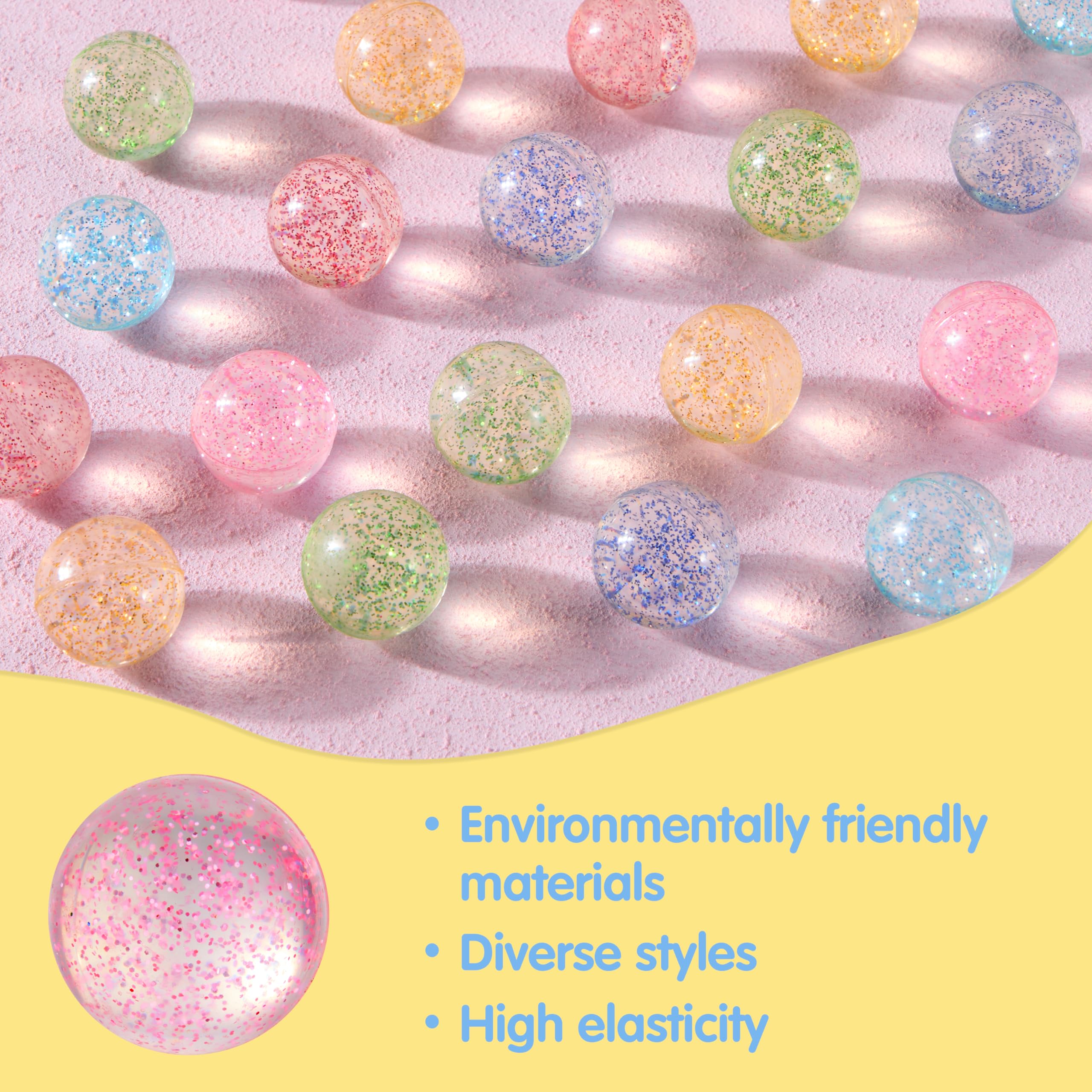 Closeup of JOYIN 32mm glitter bouncy ball with sparkling interior