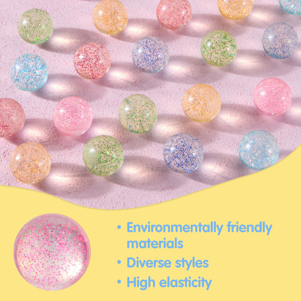 Closeup of JOYIN 32mm glitter bouncy ball with sparkling interior