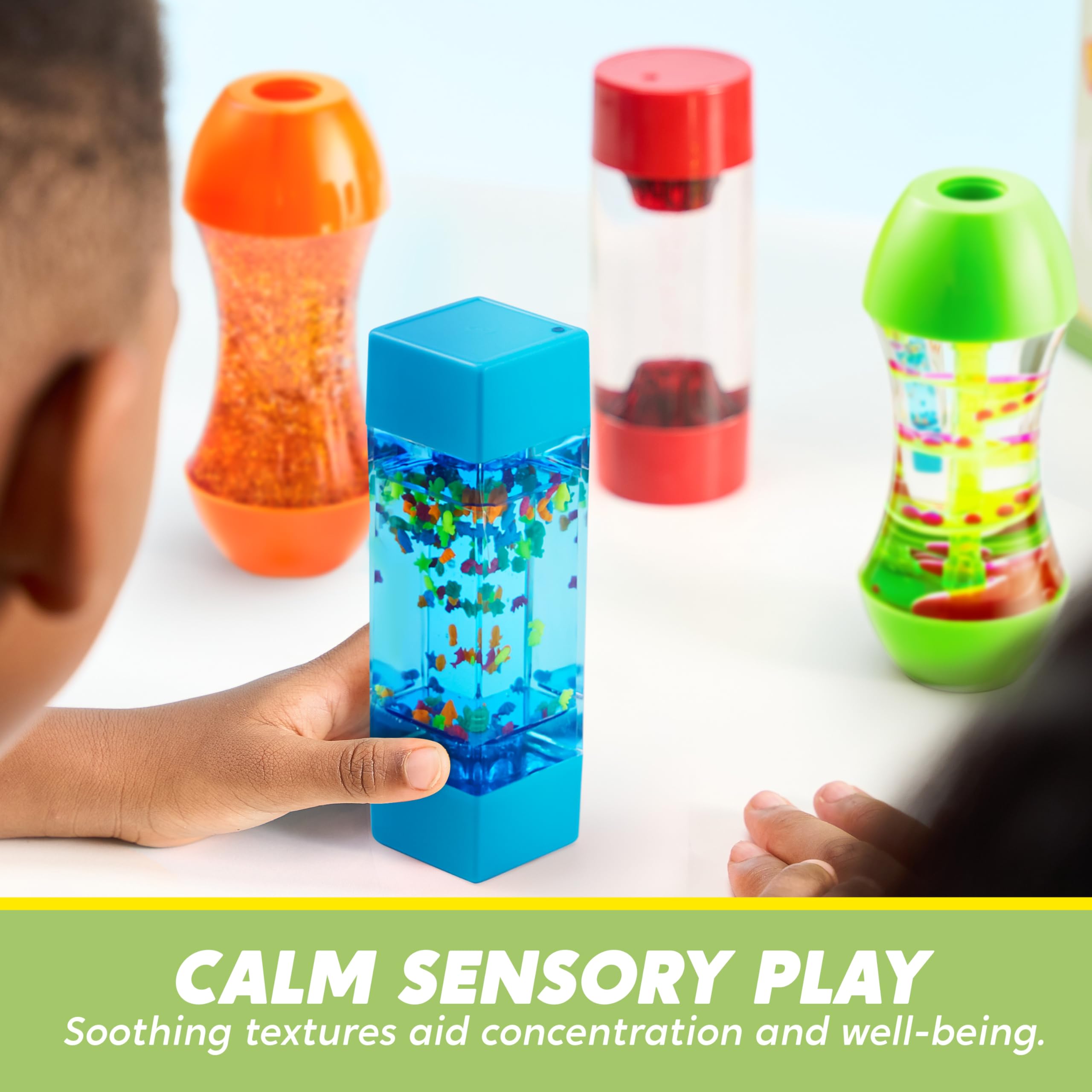 JOYIN 4-pack fidget tubes held by child for on-the-go stress relief.