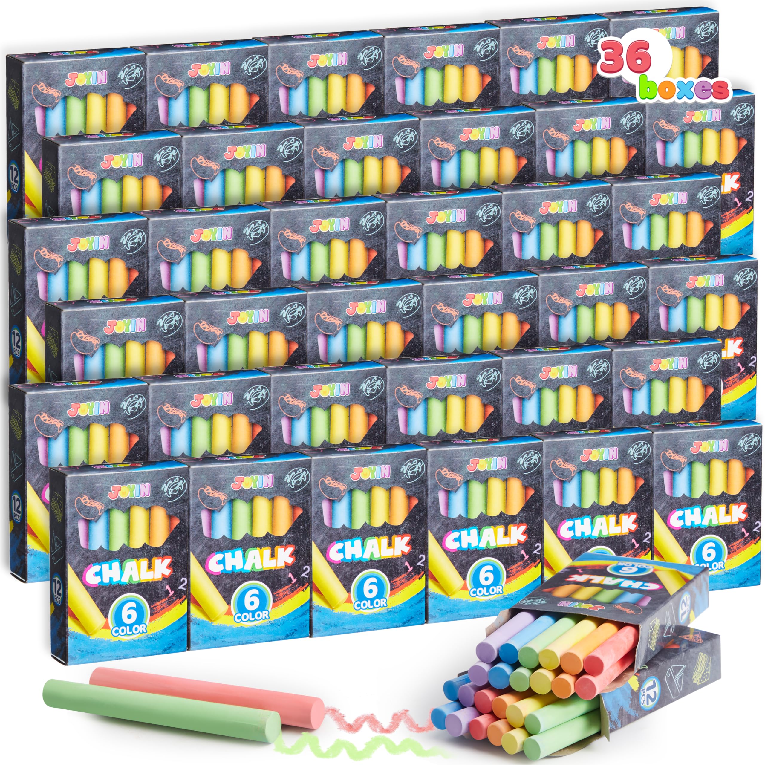 Joyin 432-count mini chalk set in 36 boxes displayed for colorful classroom art