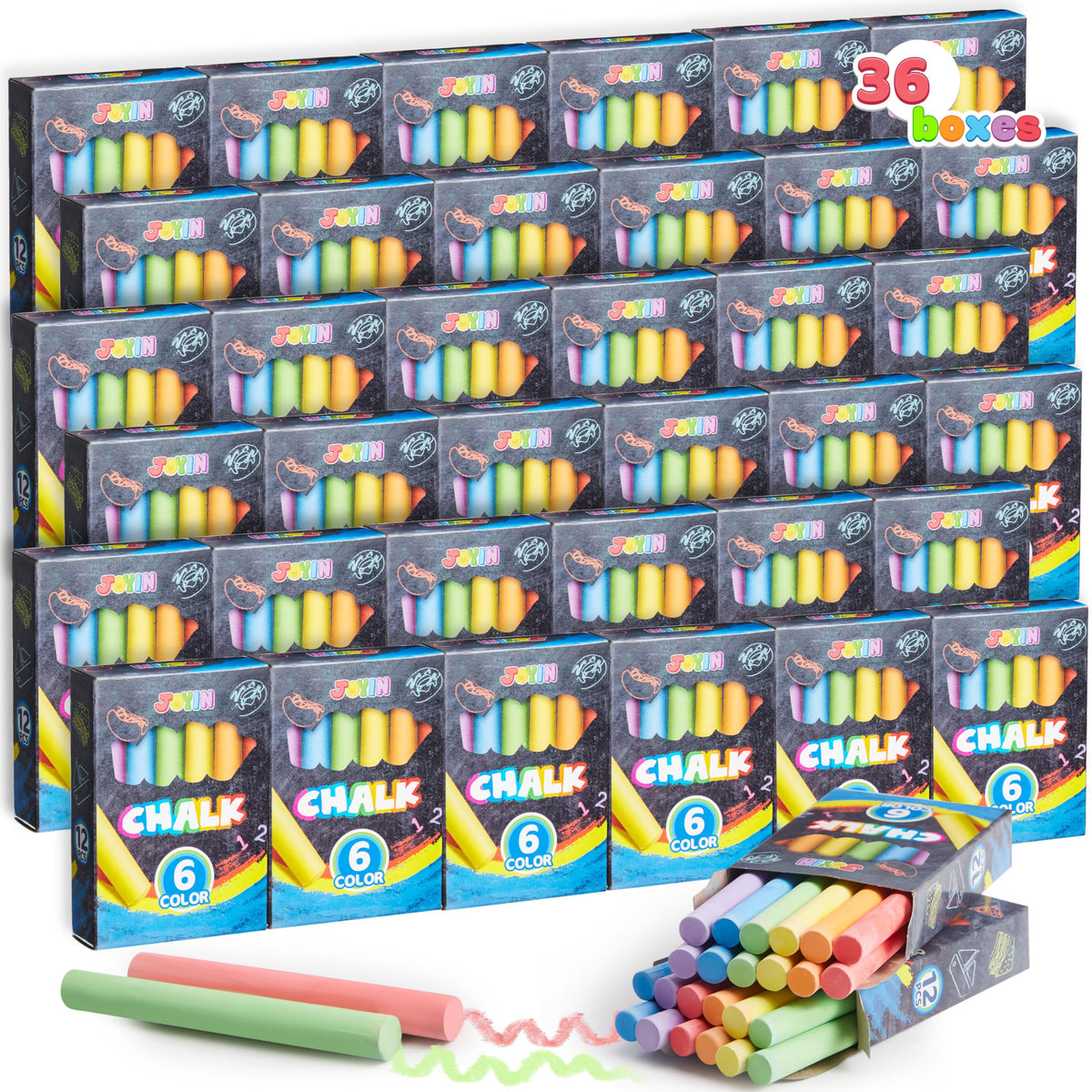 Joyin 432-count mini chalk set in 36 boxes displayed for colorful classroom art