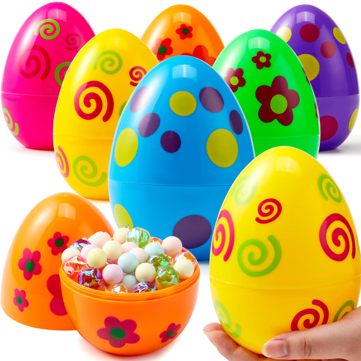 JOYIN 6-pcs large printed Easter eggs showcase vibrant colors for a lively hunt