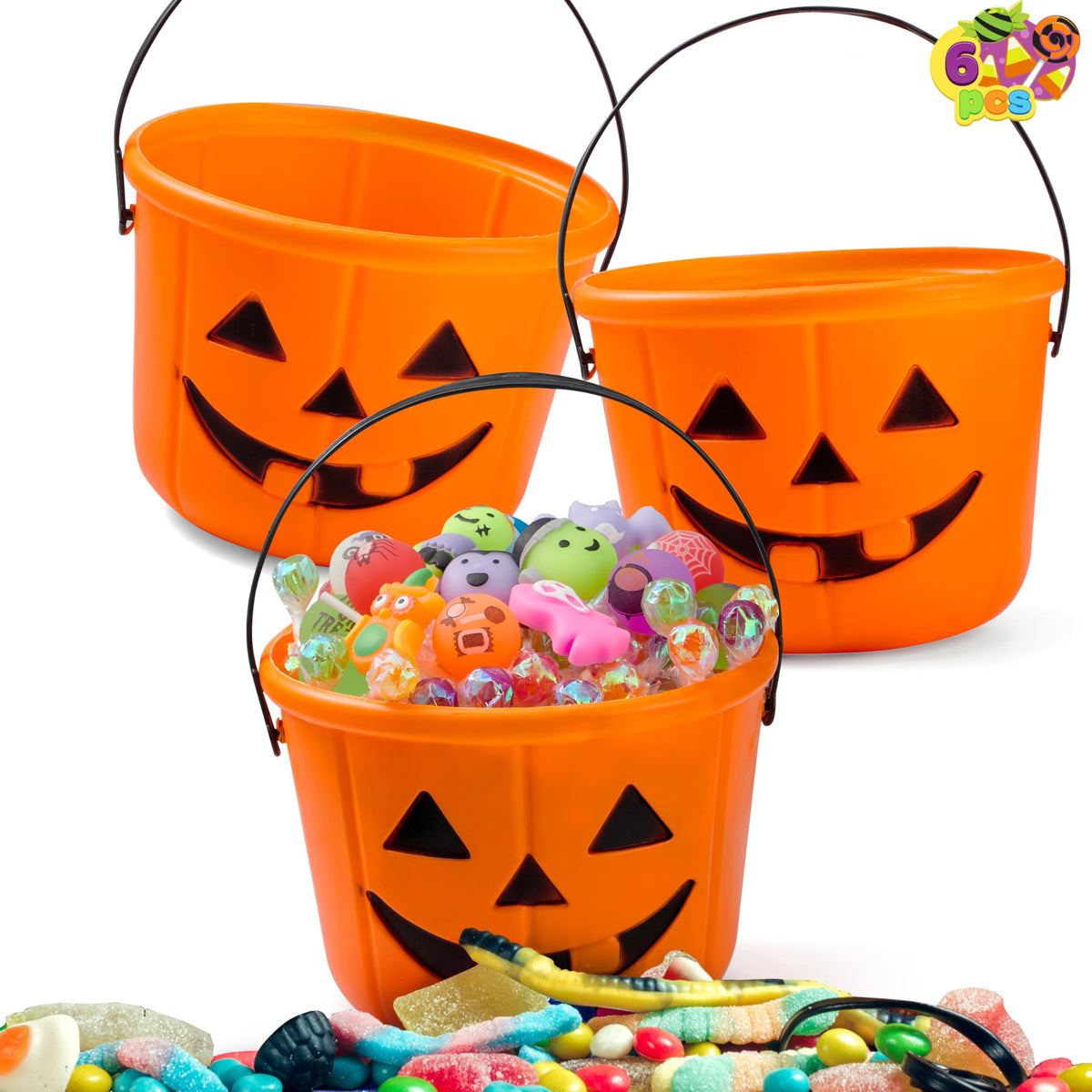 JOYIN pumpkin buckets with jack-o'-lantern faces for easy candy collection.