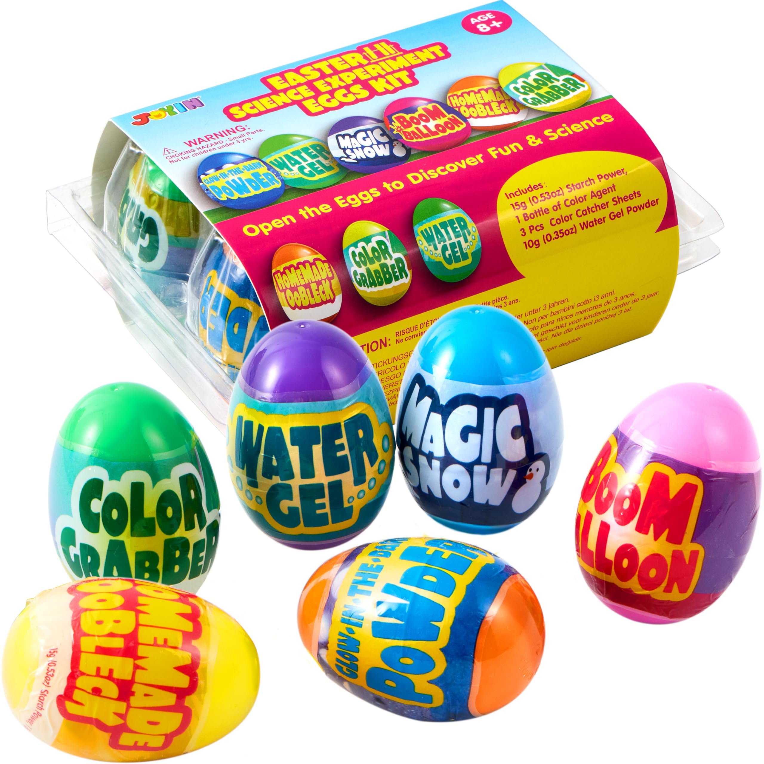 JOYIN 6pcs Prefilled Easter Eggs with Toys reveal engaging science experiments for kids.