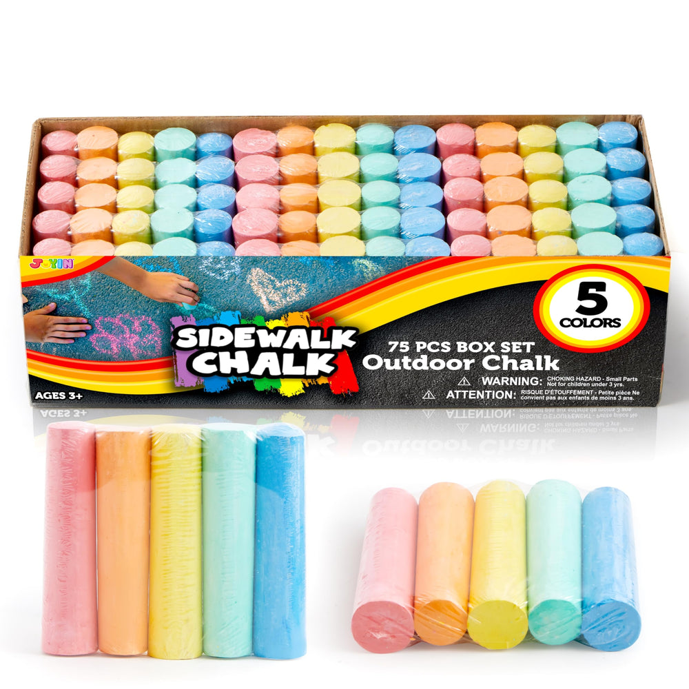 JOYIN 75-pcs sidewalk chalk set in 15 boxes, perfect for sharing outdoors.