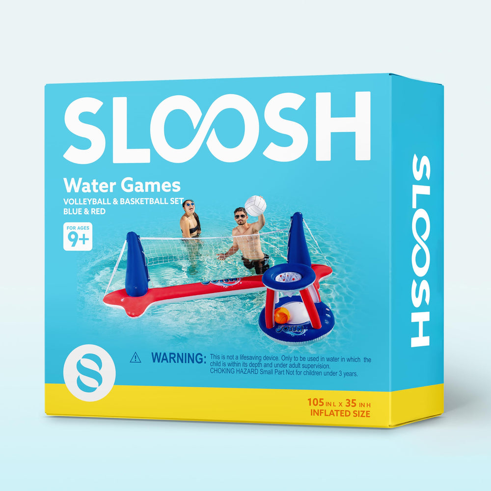 JOYIN all-in-one pool games set enables volleyball and basketball play.