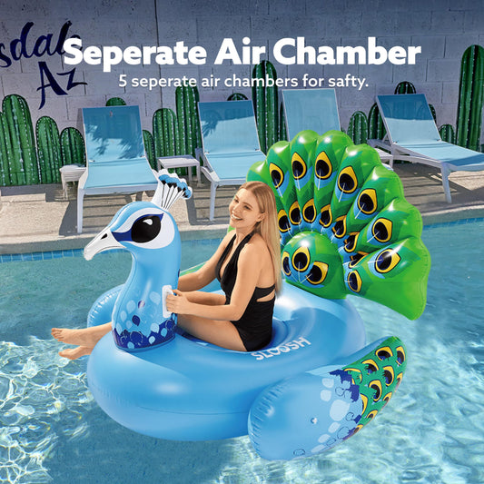 JOYIN blue skin peacock float showcases luxurious design for memorable photos.