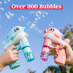 JOYIN blue whale bubble gun producing continuous bubbles at a backyard party.