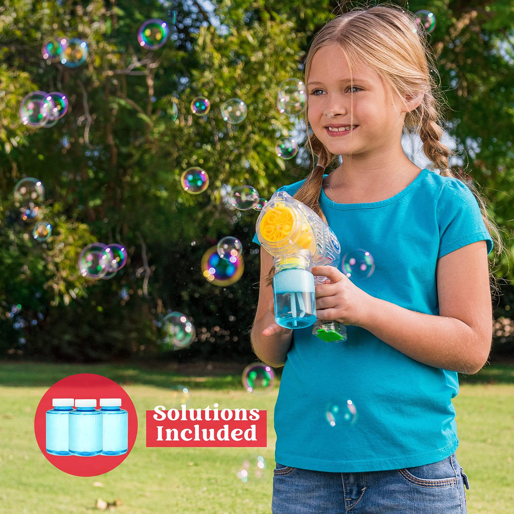 JOYIN bubble guns outdoor party scene with colorful bubbles.