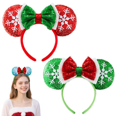 JOYIN 2pcs LED Christmas headbands with red and green mouse ears for festive photos.