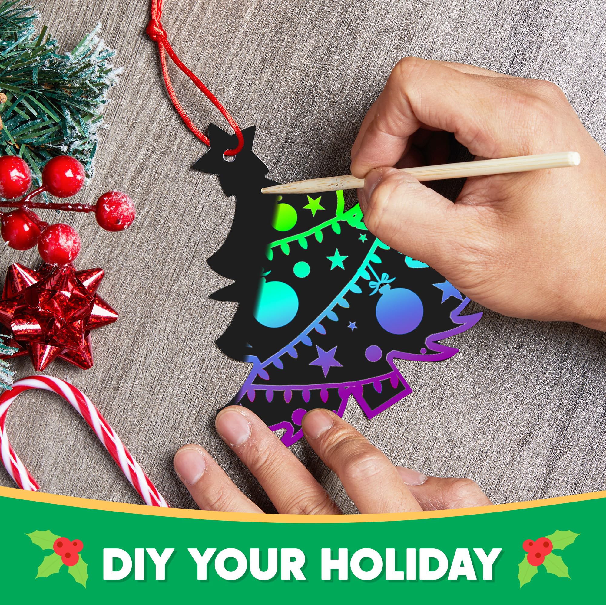 JOYIN Christmas tree scratch-art ornament with rainbow colors.
