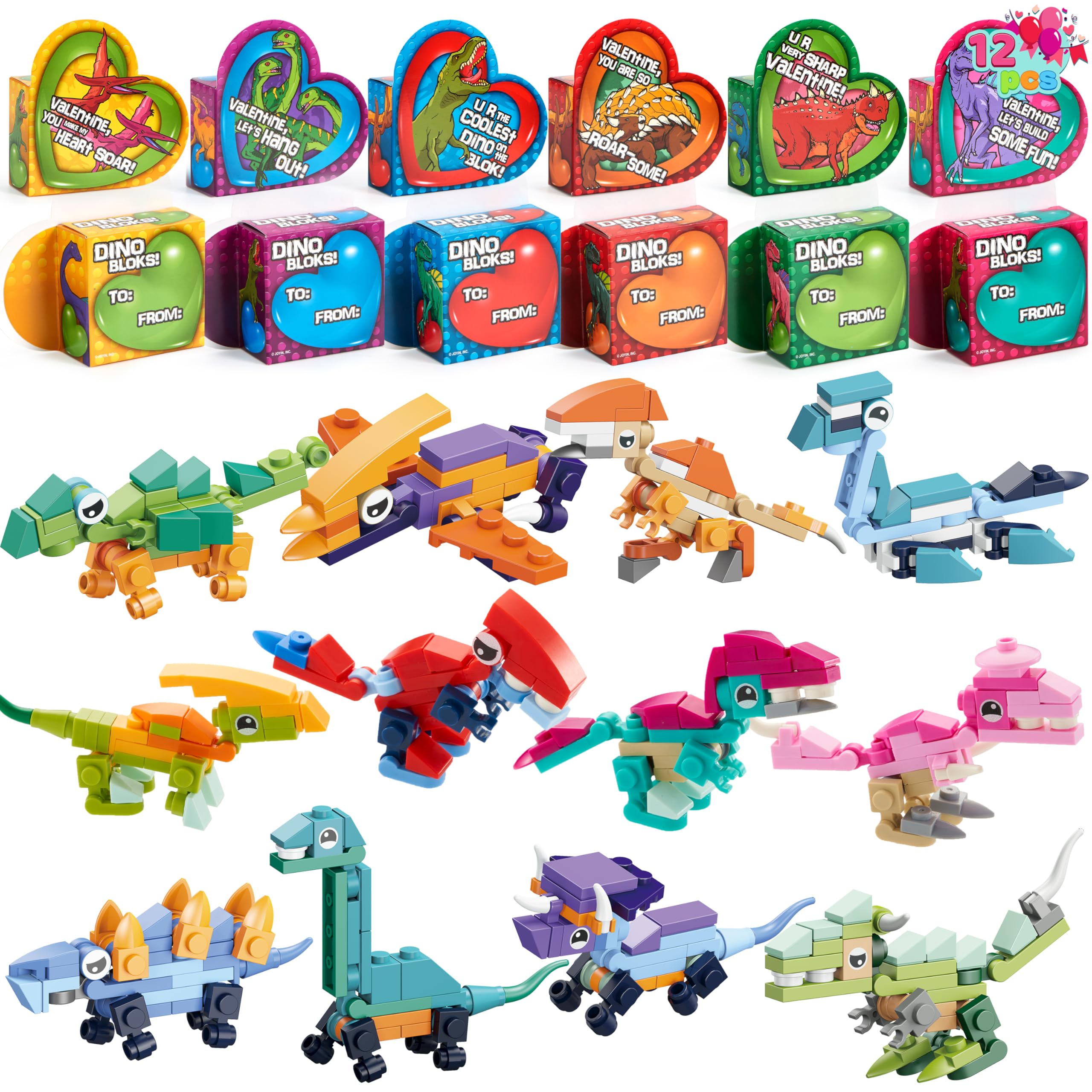 JOYIN dinosaur building blocks with heart boxes for Valentine party favors