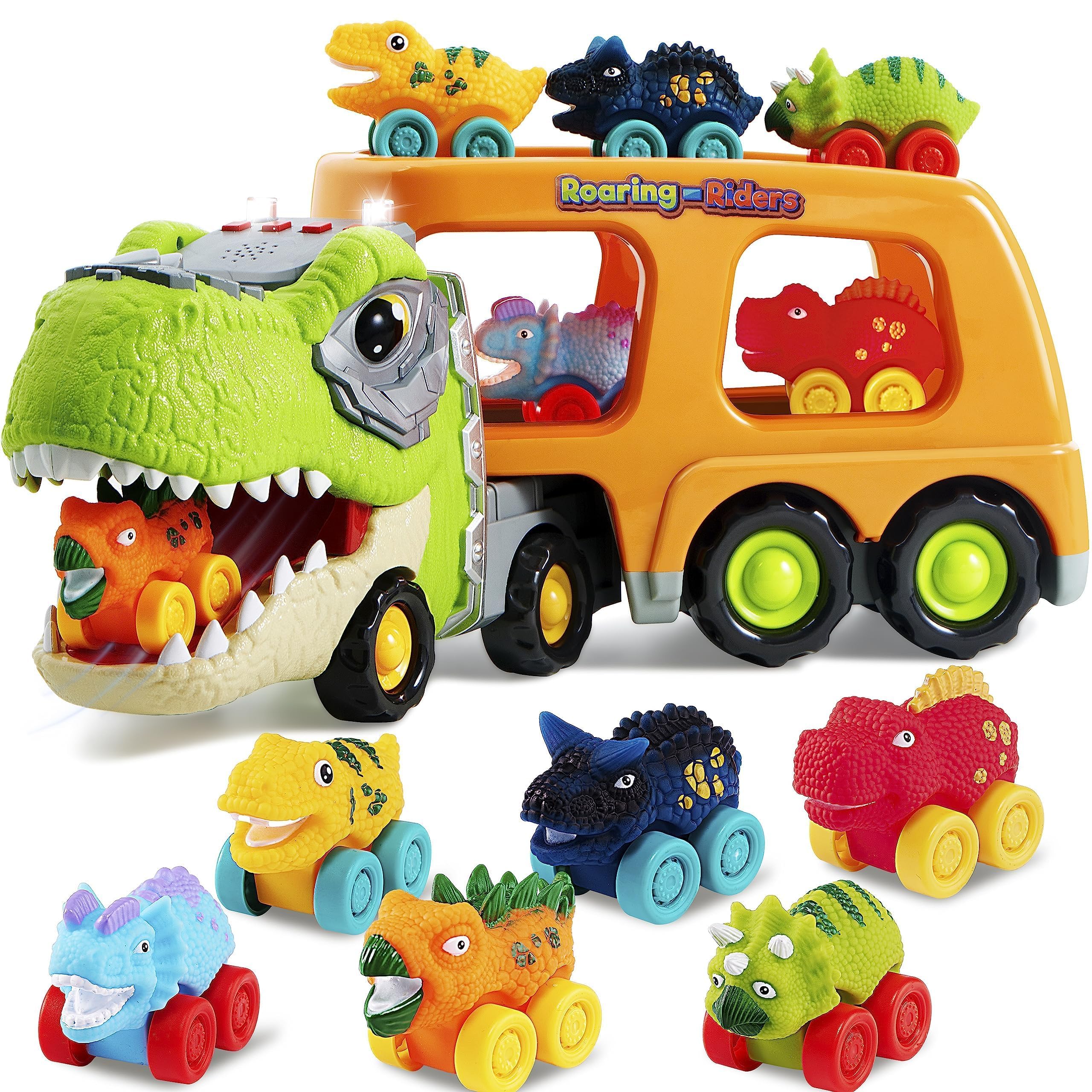 JOYIN dinosaur carrier truck with generous storage for six mini cars.