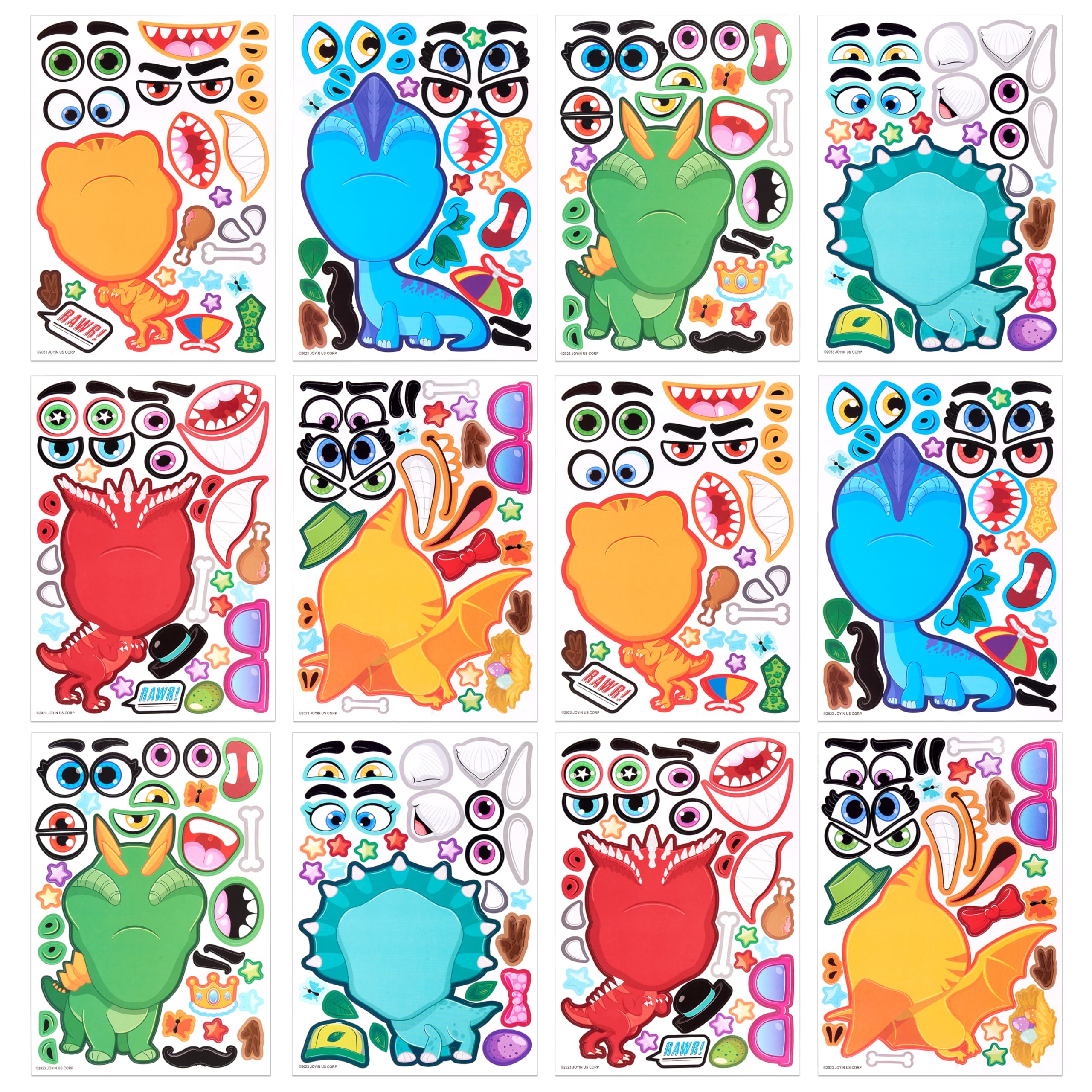 JOYIN dinosaur face stickers sheet with vibrant colors for creative kid crafts.