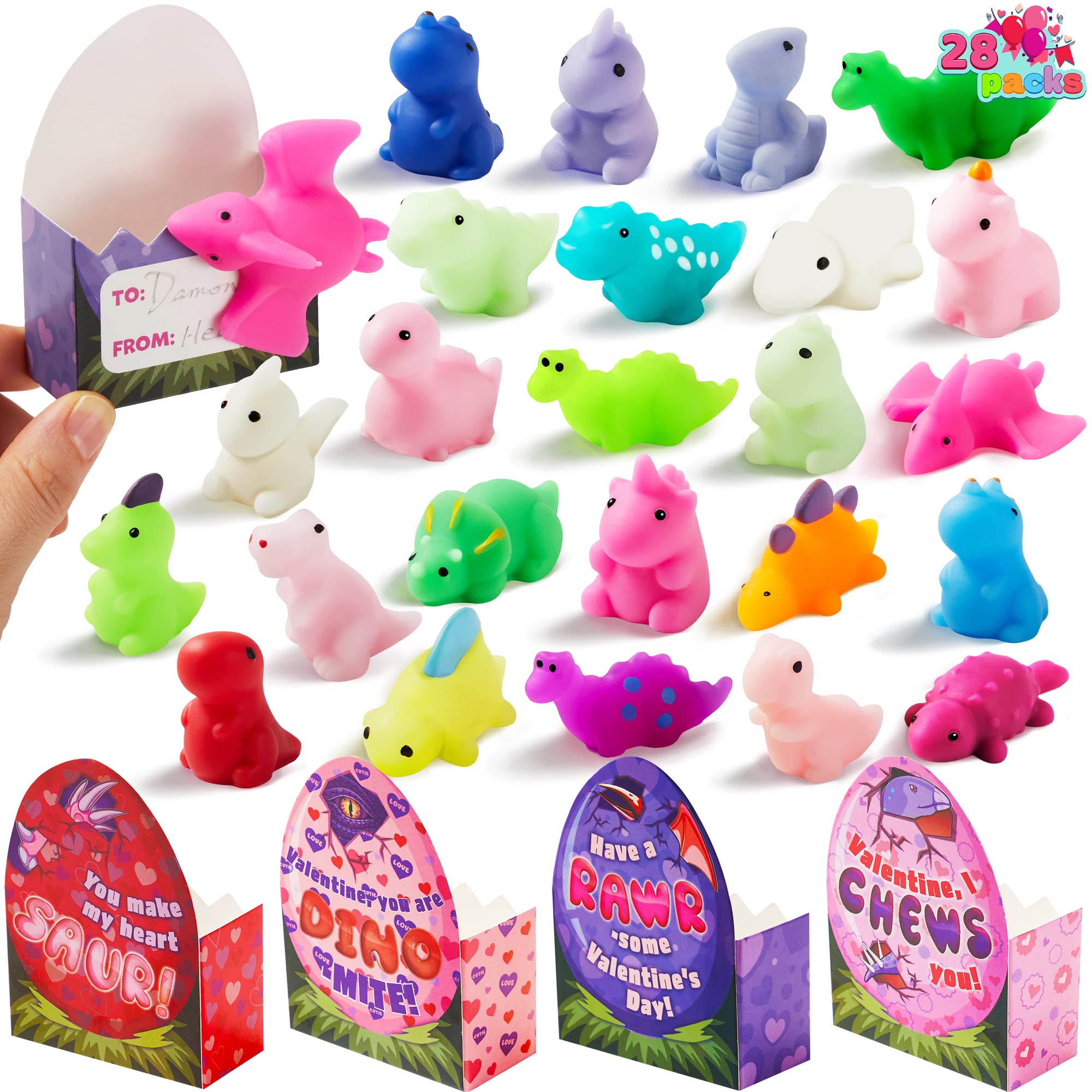 JOYIN dinosaur mochi egg boxes in a 28-pack ideal for classroom gifts.