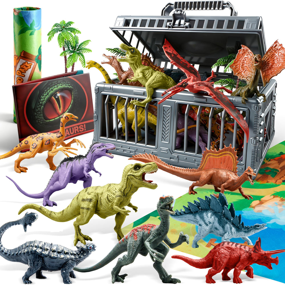 JOYIN dinosaur toys with cage and mat for imaginative toddler play.