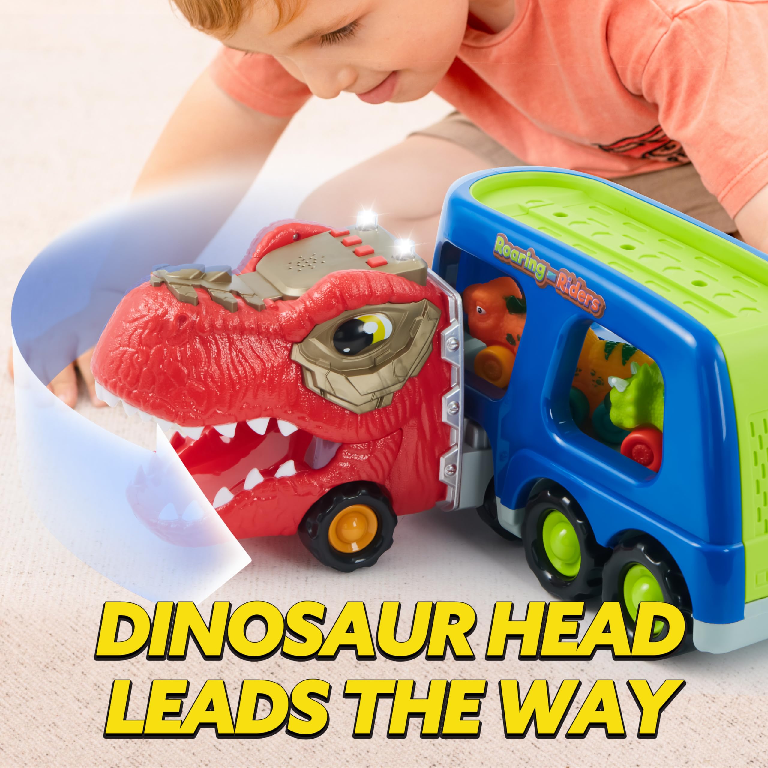 JOYIN Dinosaur Truck Toy two decks keep cars organized after play.