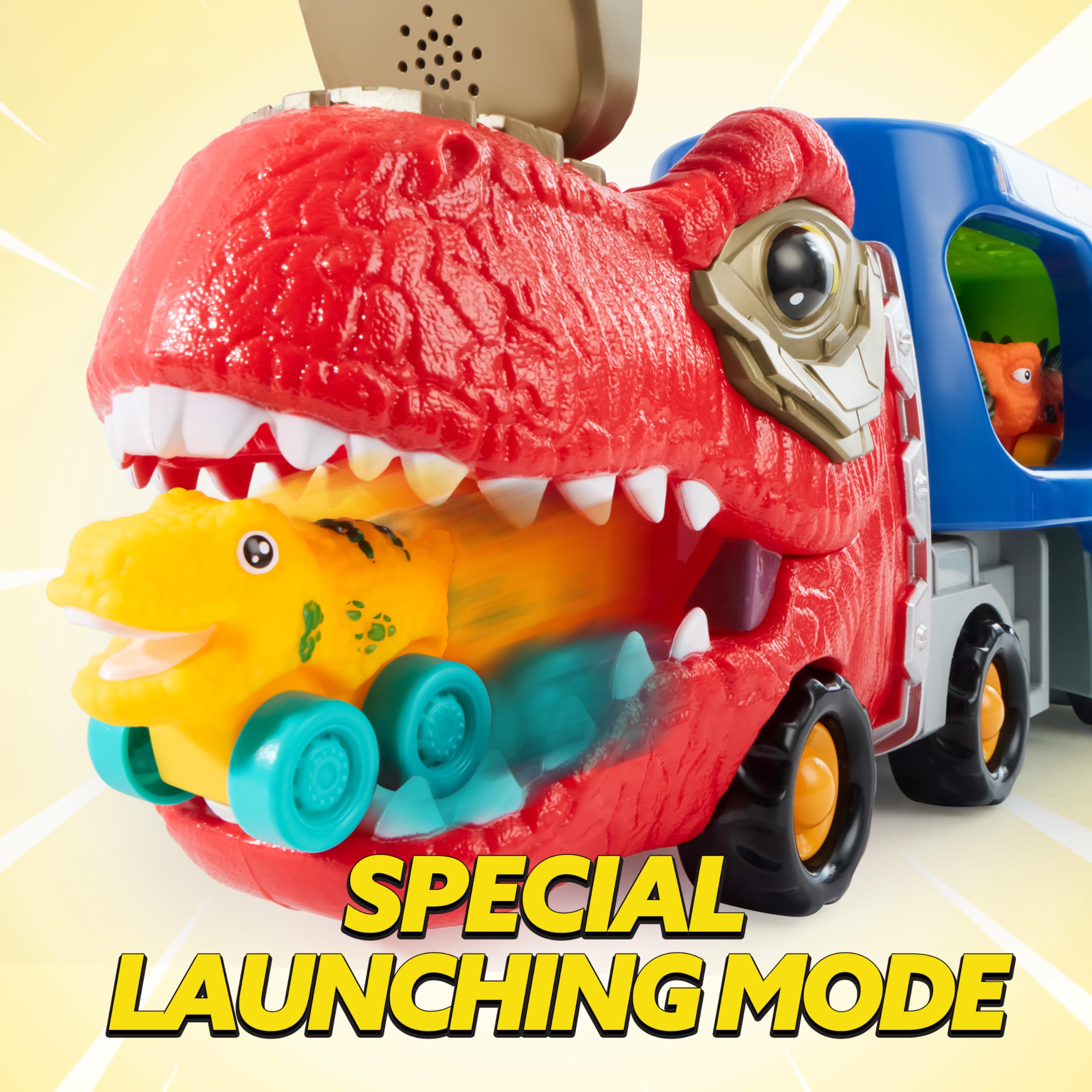 JOYIN Dinosaur Truck Toy top cabin flip reveals accessible storage.