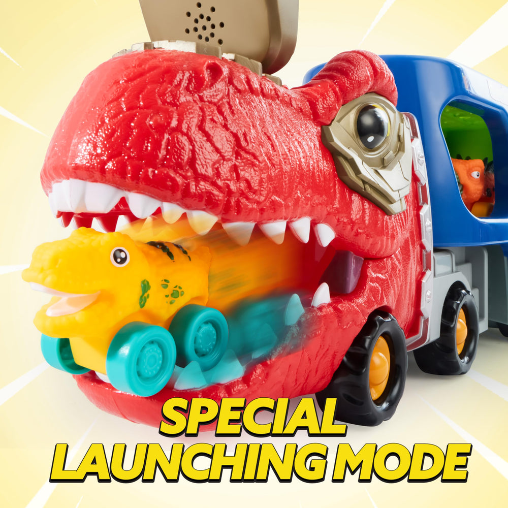 JOYIN Dinosaur Truck Toy top cabin flip reveals accessible storage.