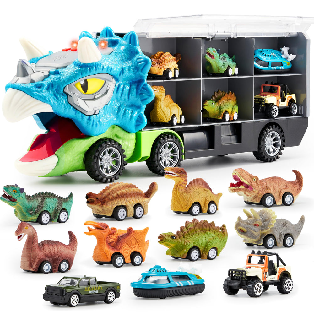 Joyin 13-in-1 dinosaur truck transport with 12 pull-back cars boosts imaginative play.