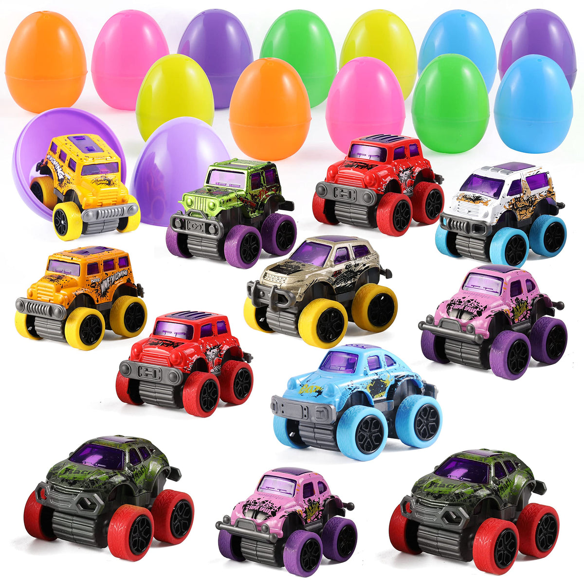 JOYIN Easter eggs with pull-back monster cars for quick egg hunt fun