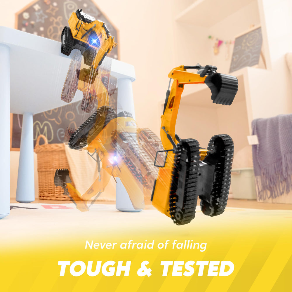 JOYIN excavator operating smoothly on carpet for indoor play.