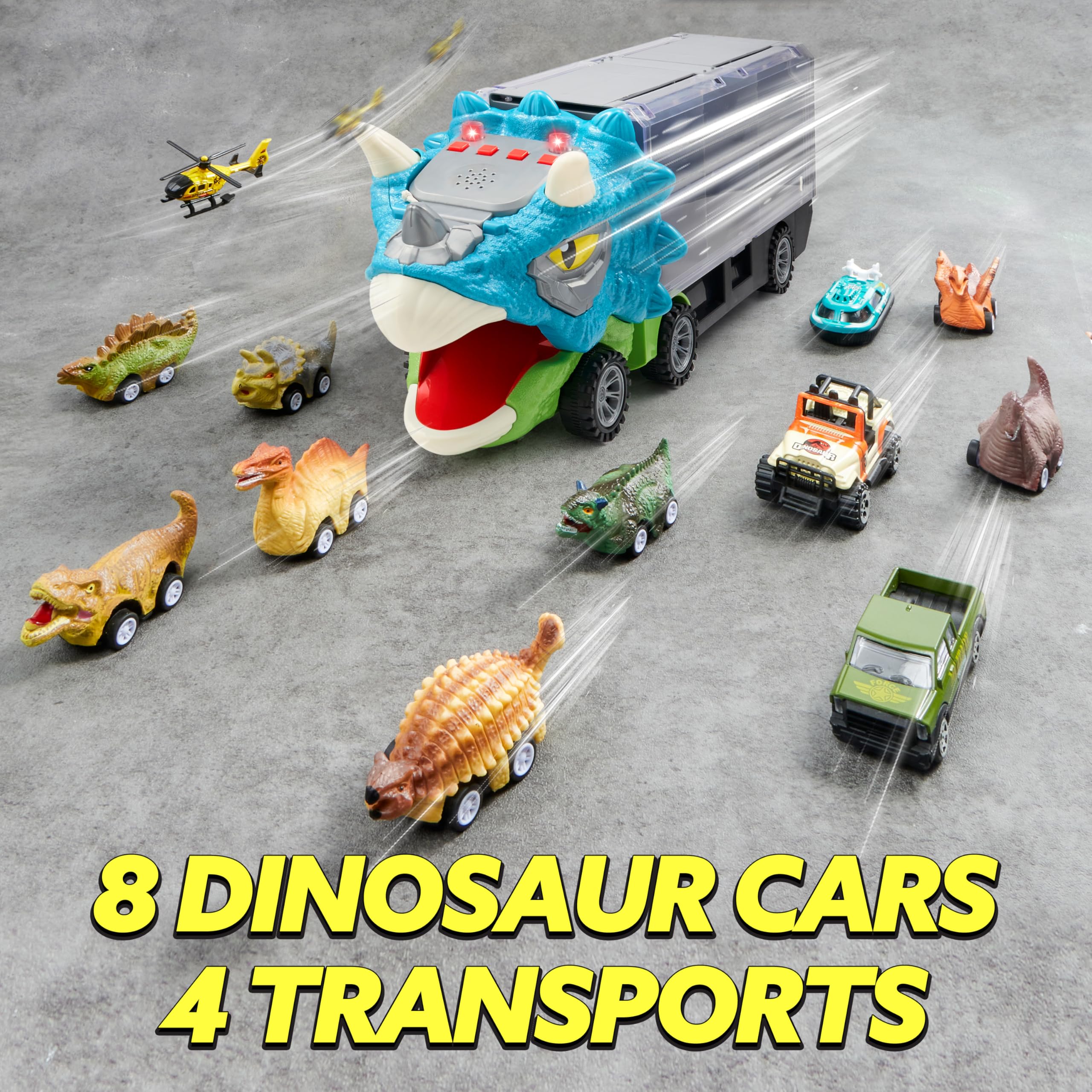 Joyin dinosaur truck lights and sounds engage toddlers during interactive play sessions.