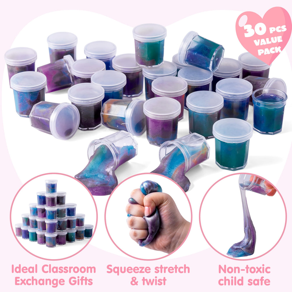 JOYIN galaxy slime close-up highlights stretch, squish, and tactile play benefits.