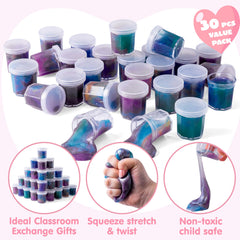 JOYIN galaxy slime close-up highlights stretch, squish, and tactile play benefits.