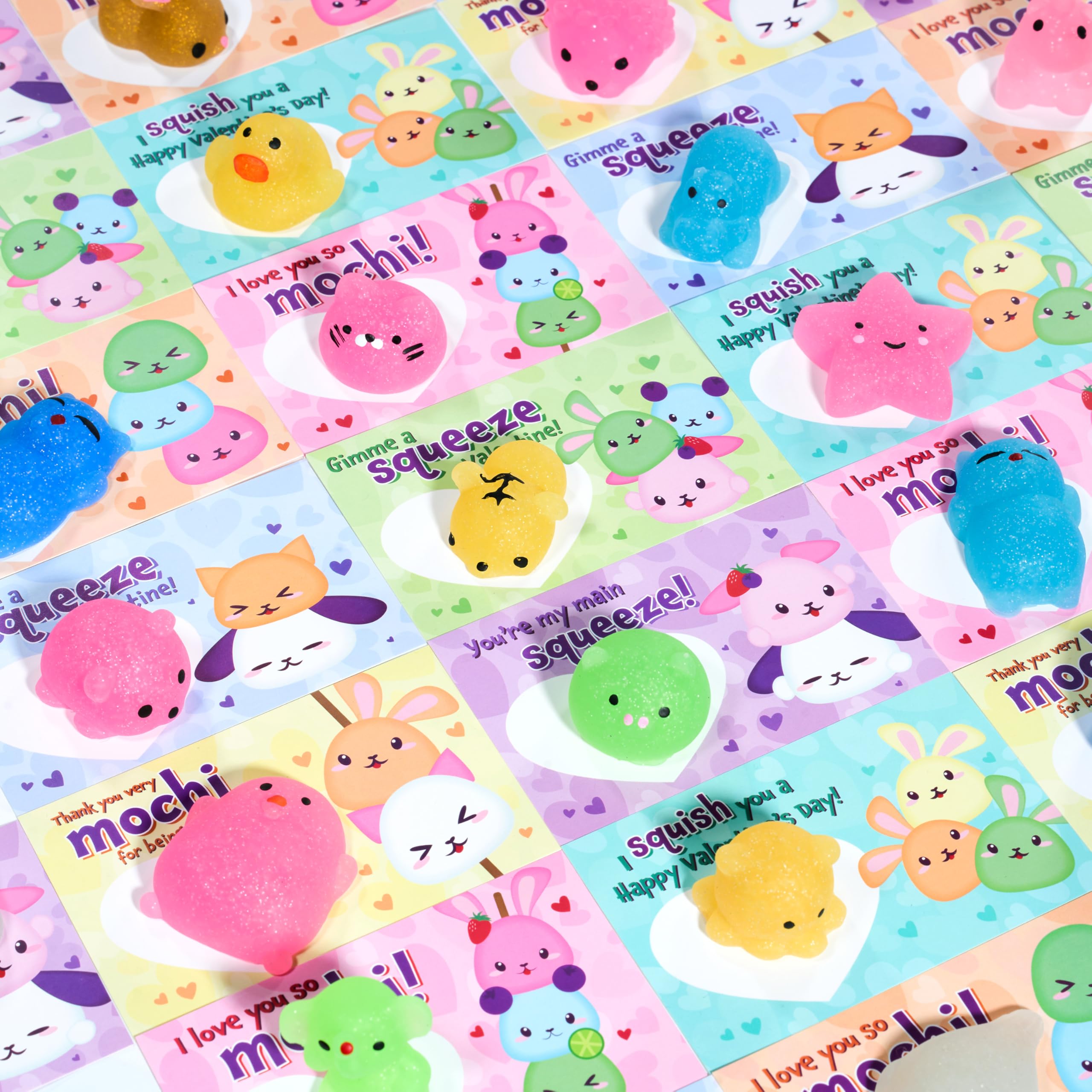 JOYIN glitter Mochi squishy toy shown with a colorful Valentines card for classroom exchange