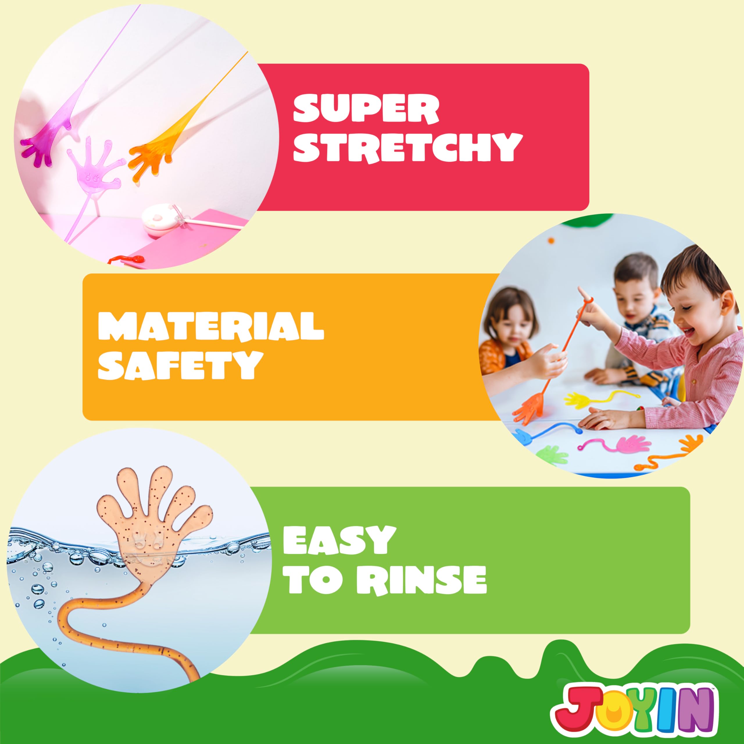 JOYIN glitter sticky hands stretched to demonstrate fun 8-foot reach.